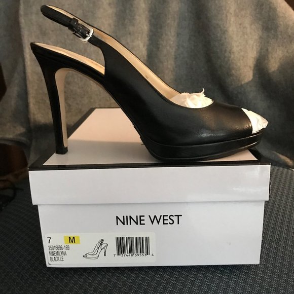 Nine West, black leather, peep-toe sling backs, size 7 - Picture 1 of 3